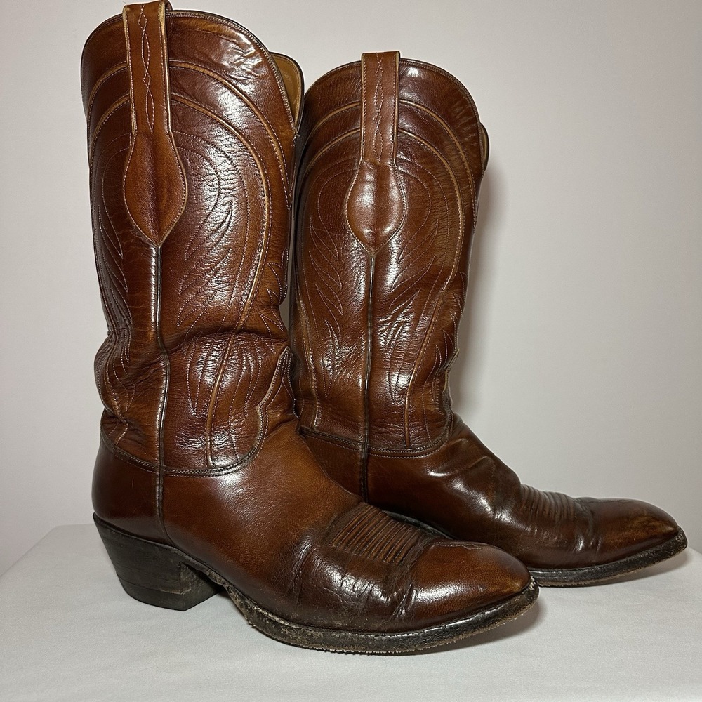 Vintage Lucchese USA Made Mens 10B Brown Leather Cowboy Boots L6609 Narrow